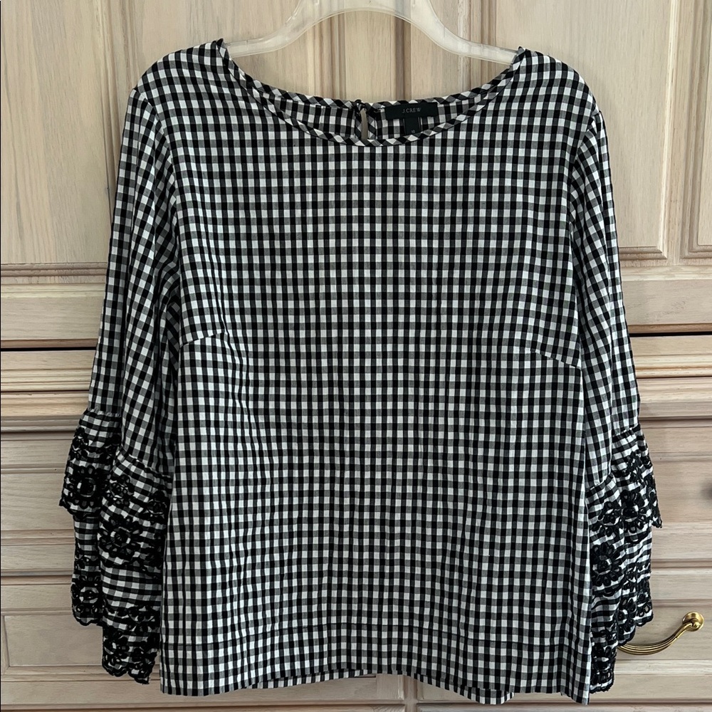 J. Crew Black and White Gingham Blouse with Embroidered Sleeves